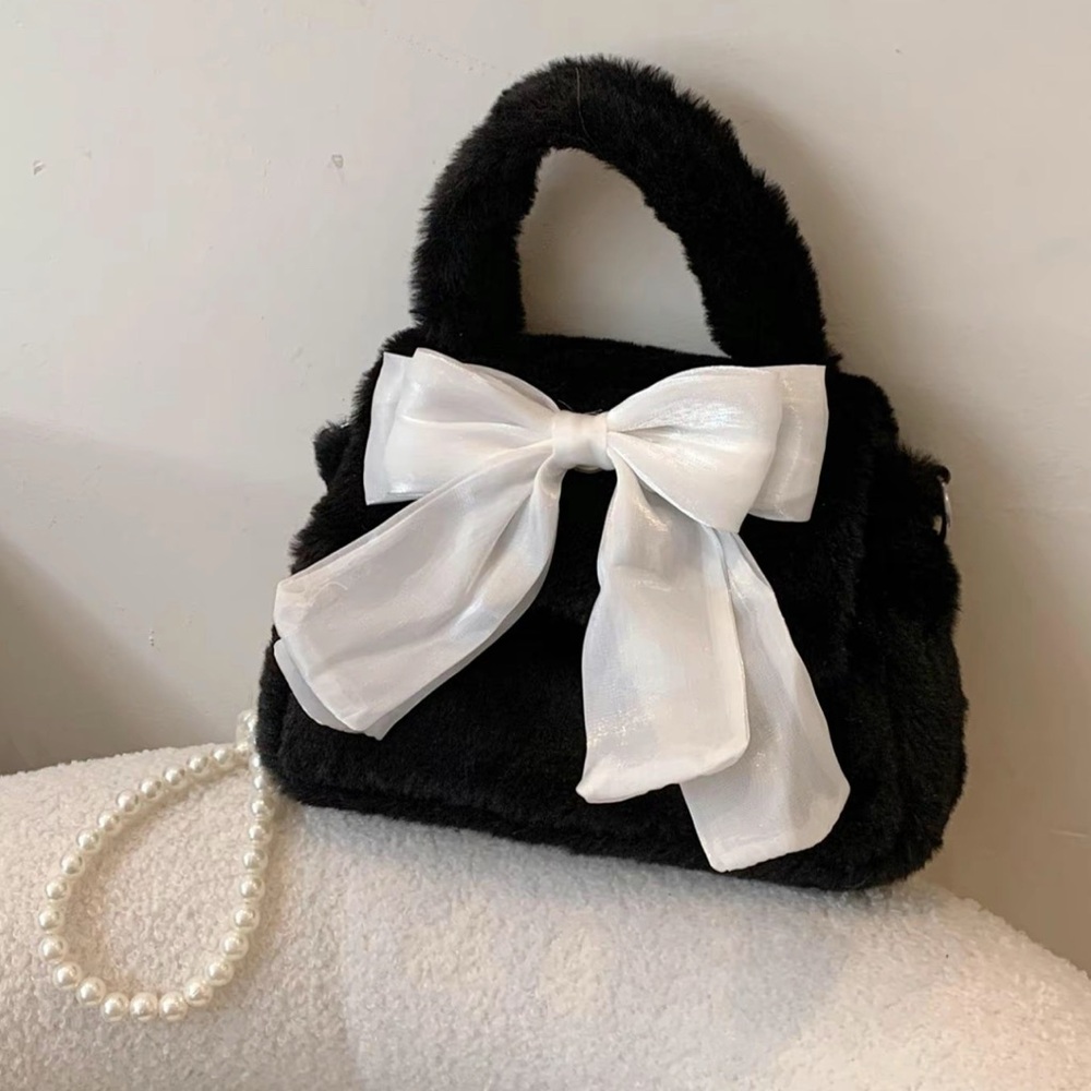 Elegant Black Faux Fur Handbag with White Bow
